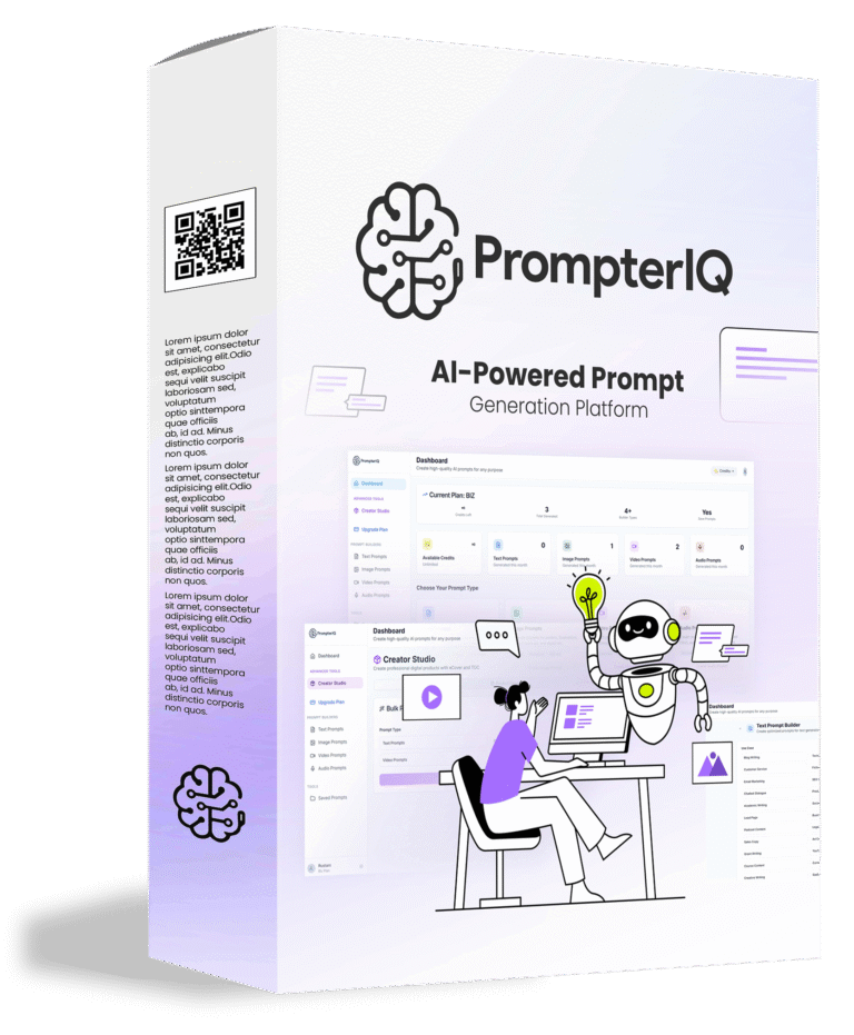 PrompterIQ software box showing AI-powered prompt generation platform interface with robot assistant and user at computer