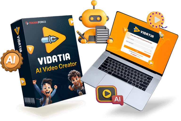 Illustration of Vidatia AI Video Creator software box, robot mascot, and laptop login screen