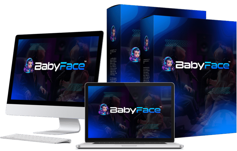 BabyFace software bundle mockup showing desktop, laptop, and product boxes for viral AI baby video creation tool